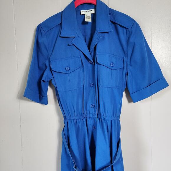 Vintage Office Retro Schrader Secretary Cargo Dress Button Up Belted 8 Blue - Picture 2 of 9